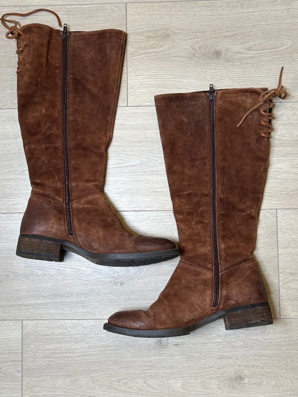 Born Hayden Tall Riding Boots Womens 8 Rust Tobacco Distressed Leather Lace Zip